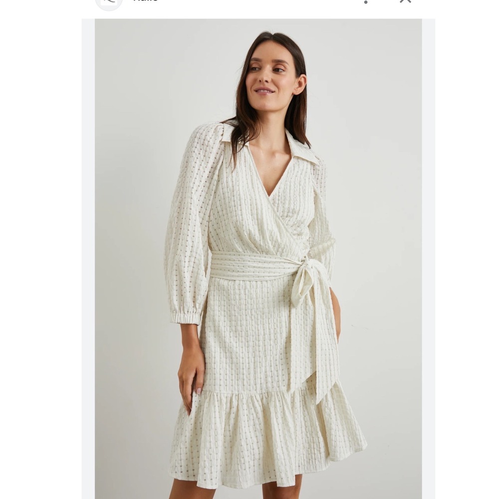 Rails Kiara Ivory Wrap‎ Dress Textured Belted Midi White Puff Sleeve Collared M